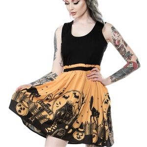 Sourpuss Haunted House Halloween Black and Orange Dress NWOT